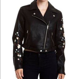 Romeo + Juliet Couture Moto Vegan Feux Leather Biker Flower Embroidered Jacket